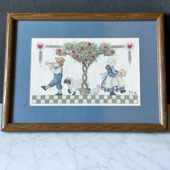 Cross Stitch Farm Boy Girl Sheep Sandi Gore Evans Finished Framed 16.5 x 12.25 - Picture 1 of 7